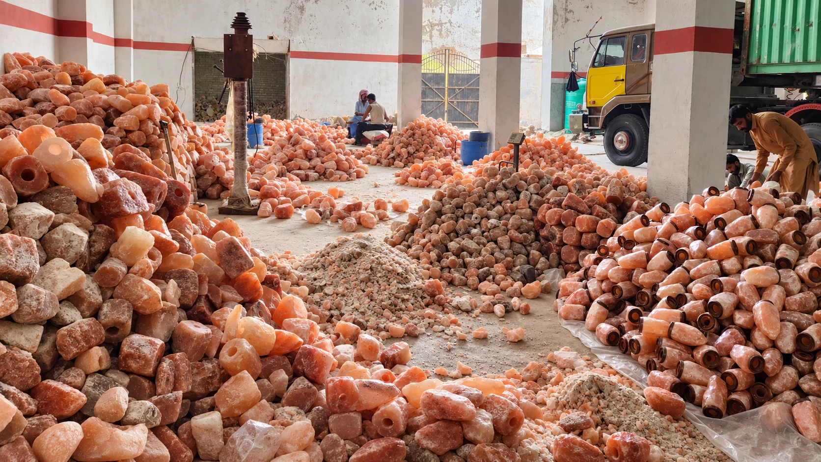 Salt lamp forms and workers inside the NUMKYNE workshop; retouched factory photograph